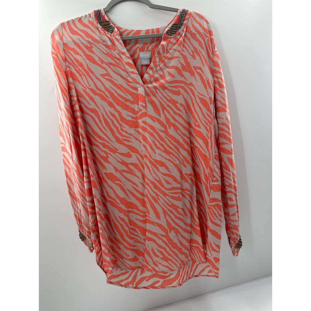 Chicos Zebra Print Beaded V-Neck Tunic Top Coral Tan Size 1 US 8/10 Long Sleeve